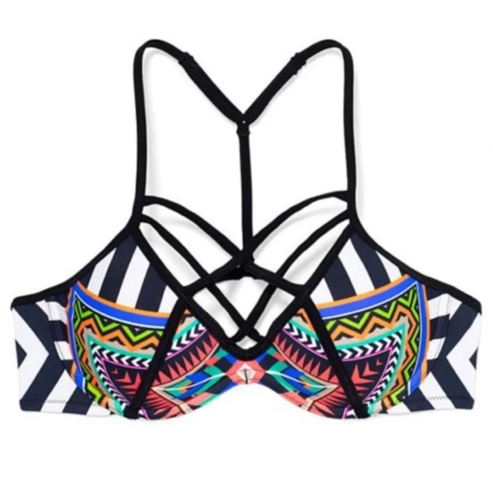 Rare Victoria's Secret Pink Strappy Swimsuit Bikini top Geometric Stripe Aztec S